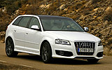 Audi S3. Modelo 2008. Sportback. Imagen. Movimiento. Lateral frontal. Blanco