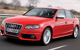 Audi S4. Modelo 2009. Imagen. Exterior. Frontal lateral. Coche en movimiento. Carretera. Rojo.