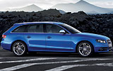 Audi S4. Modelo 2009. Imagen. Exterior. Lateral. Coche parado. Carretera. Azul.