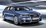 Audi A6 Avant. Modelo 2009. Imagen. Carrocer�a familiar. Frontal lateral. Movimiento. Azul estrato efecto perla.