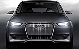 Audi A1 Sportback Concept. Prototipo 2008. Imagen. Frontal. Coche parado. Luces. Estudio. Gris.