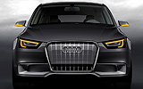 Audi A1 Sportback Concept. Prototipo 2008. Imagen. Frontal. Coche parado. Faros con los intermitentes. Estudio. Gris.