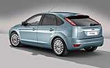Ford Focus. Gama 2008. Carrocer�a 5 puertas. Imagen. Lateral posterior. Est�tica. Estudio. Azul �rtico. Llanta 16 pulgadas radios m�ltiples.
