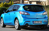 Mazda3. Modelo 2009. Imagen. Exterior. Lateral posterior. Parado. Carretera. Color Celestial Blue Mica.