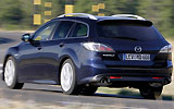Mazda6 Wagon. Modelo 2008. Kit deportivo (SAP). Imagen. Exterior. Lateral posterior. Coche en movimiento. Carretera en curva.
