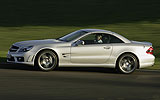 Mercedes-Benz SL 65 AMG. Modelo 2008. Imagen. Frontal- lateral. Coche en movimiento. Plata iridio.