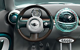 Mini Crossover Concept. Modelo 2009. Imagen. Interior. MINI Center Globe. Volante. Salpicadero.