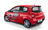 Renault Twingo RS. Modelo 2009. Imagen. Lateral- posterior. Coche parado. Llantas de aleaci�n 17 pulgadas. Estudio. Rojo.