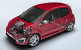 Renault Twingo RS. Modelo 2009. Imagen. T&eacute;cnica. Radiograf&iacute;a del motor y la suspensi&oacute;n.