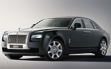 Rolls-Royce 200EX. Prototipo 2009. Imagen exterior. Frontal lateral. Coche parado. Estudio. Luces faros en on. Gris.