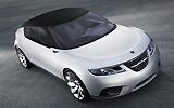 Saab 9-X Air. Prototipo 2008. Imagen. Lateral- frontal. Coche parado. Carretera. Capota. Gris.