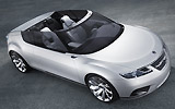 Saab 9-X Air. Prototipo 2008. Imagen. Lateral- frontal. Coche parado. Carretera. Descapotado. Gris.