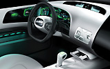 Saab 9-X Air. Prototipo 2008. Imagen. Interior. Salpicadero. Volante. Palanca de cambios.