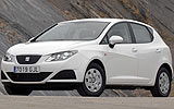 SEAT Ibiza ECOMOTIVE. Modelo 2009. Imagen. Exterior. Frontal lateral. Coche parado. Carretera. Blanco.