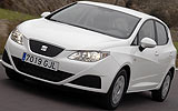 SEAT Ibiza ECOMOTIVE. Modelo 2009. Imagen. Exterior. Frontal lateral. Coche en movimiento. Carretera. Blanco.