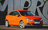 Seat Ibiza. Modelo 2008. Imagen. Carrocer�a SportCoup�. Tres puertas. Lateral-frontal. Est�tico. Llantas aleaci�n. 17 pulgadas. Naranja Lumina.