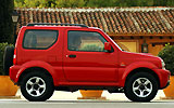 Suzuki Jimny. Modelo 2008. Imagen exterior. Lateral. Coche parado. Carretera. Rojo.
