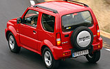 Suzuki Jimny. Modelo 2008. Imagen exterior. Posterior cenital lateral. Movimiento. Carretera. Rojo.