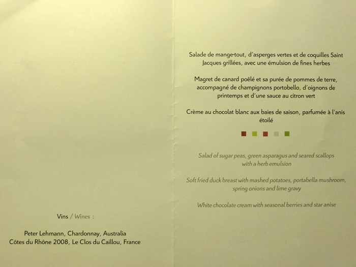 Menú de la cena en la presentación del Citroën C4 en Malmö