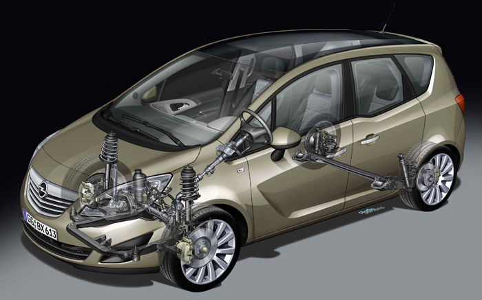 El bastidor es bastante clásico, con una cuna delantera para la mecánica, suspensión McPherson, y detrás un eje torsional que fue de los primeros (en otros Opel) en ser del tipo hidroformado en U a partir de un tubo redondo, y cuyo posicionamiento (girándolo) permite modificar su efecto como estabilizador antibalanceo.
