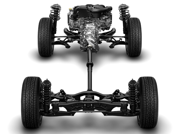 A Subaru le gusta presumir, y con razón, de su estructura: motor delantero boxer muy plano y corto, con cigüeñal longitudinal, que no precisa de reenvíos en ángulo para enviar la propulsión al tren posterior, que como el de su rival en esta prueba, es de suspensión multibrazo.