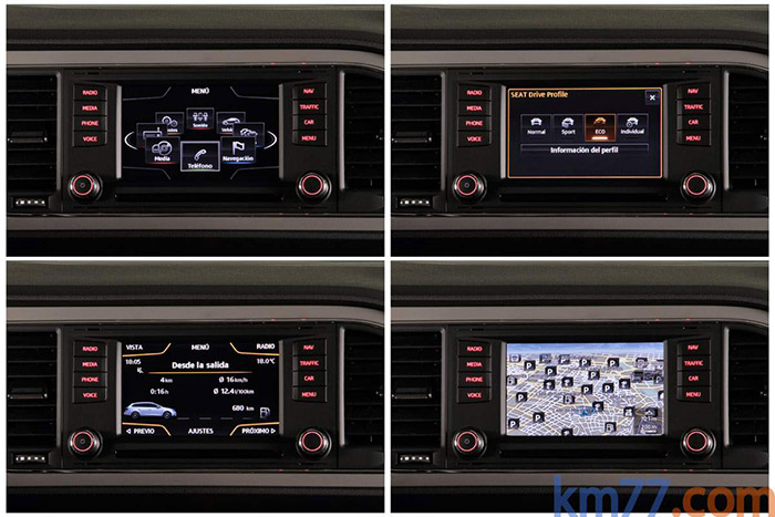 Cuatro de las múltiples posibles presentaciones de la pantalla central. Varias de estas informaciones también pueden aparecer en la pequeña pantalla de la instrumentación, entre cuentarrevoluciones y velocímetro.