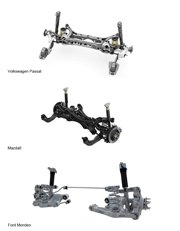 De no haber cambiado el de Ford, los tres trenes traseros hubiesen sido clónicos; el de tipo Torsion Blade ya lo es sólo para VW y Mazda. Ford, que lo inventó, se ha pasado (junto con Jaguar, al que corresponde la foto, que Ford no ofrece) a uno denominado Integral Link, enfocado más bien al confort (impacto en guardias dormidos y silencio de marcha) que a la agilidad de comportamiento. No utiliza sub-chasis y es menos intrusivo longitudinalmente, pero más pesado en sus componentes: el brazo rectangular inferior y el portabujes (ambos de aluminio, por supuesto) son enormes, y con silent-blocs de mucho juego longitudinal.