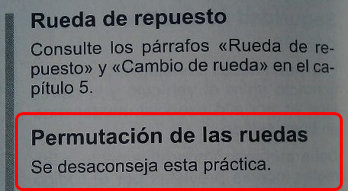 El manual desaconseja intercambiar los neumáticos delanteros por los traseros