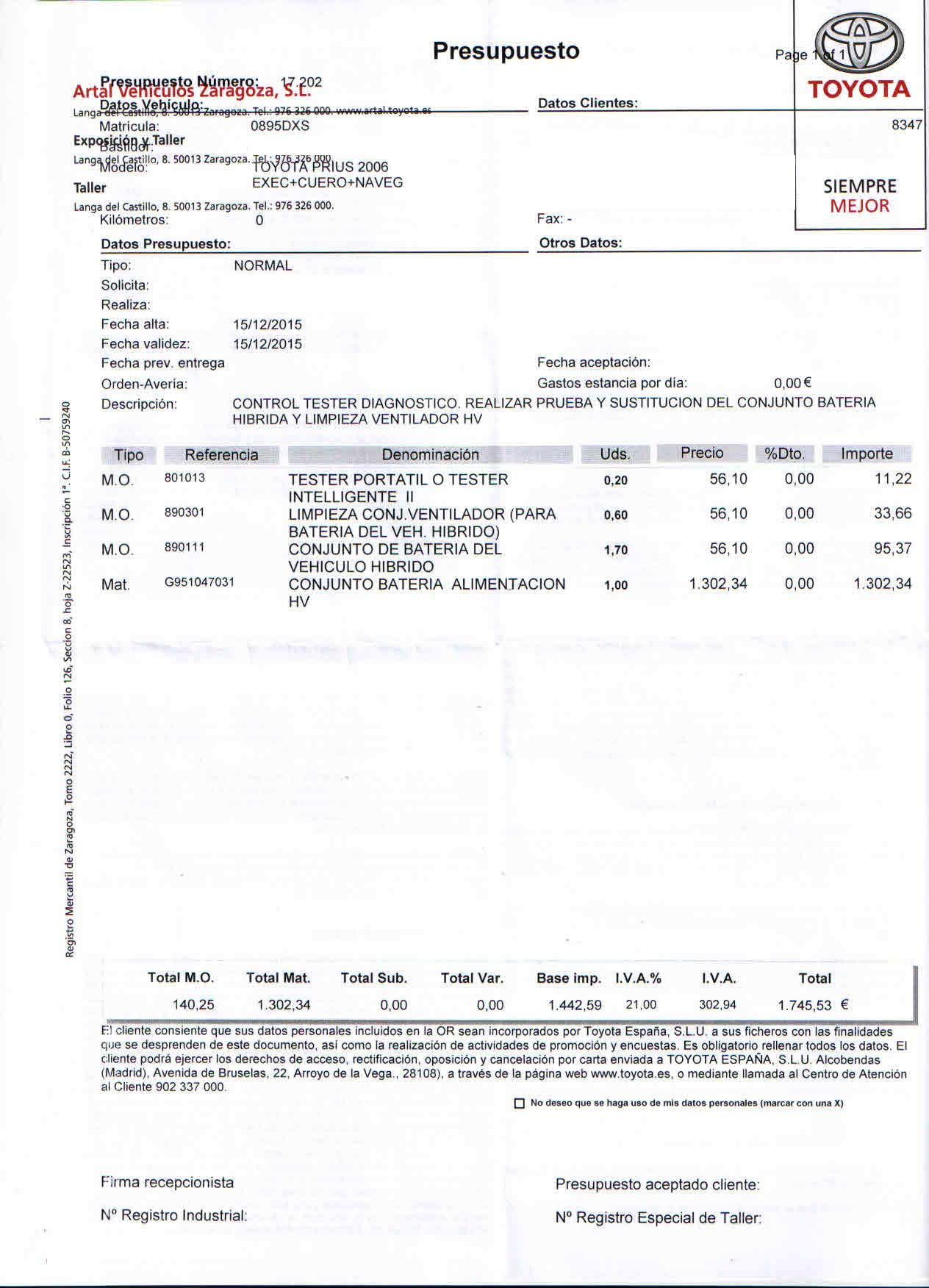 Presupuesto de sustitución de la batería del sistema híbrido