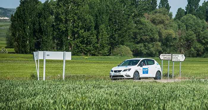 El más pequeñín circula junto a una chopera segoviana: se trata de un Ibiza 1.0-TSI Connect Style de 95 CV. El más económico con gasolina (4,79 l/100 km); pero su homologación de 4,3 y los cuatro minutos de penalización le retrasaron hasta la 8ª posición.