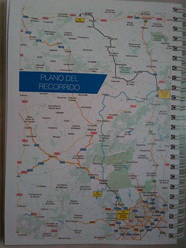 Plano del recorrido, en punteado de dos colores para separar los tramos 1 y 4, de los 2 y 3. De los 505 km del recorrido total, tan sólo 36 fueron por autovía. Todo el resto, carreteras convencionales; como se ha visto en las fotos, de trazado y estado de conservación de lo más variado.