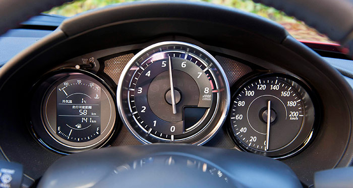 El cuentarrevoluciones del 1.5-G es bien explícito respecto al tipo de motor: la vertical pura (posición más visible de la aguja) está a 5.500 rpm; y cuando se aguanta sin cambiar, luego puede llegar al límite marcado de 7.500.