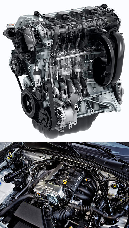 El motor en sí mismo transmite la impresión de ser un elemento complicadísimo (lo es) y de gran tamaño (no lo es); pero cuando lo miramos dentro del vano motor, abarrotado de componentes periféricos, se aprecian sus auténticas dimensiones. A destacar, en el primer grabado, el largo recorrido del colector de admisión para jugar con los armónicos y mejorar el llenado; y en el segundo, la conexión a tres bandas entre ambas torretas de suspensión y el travesaño del salpicadero.