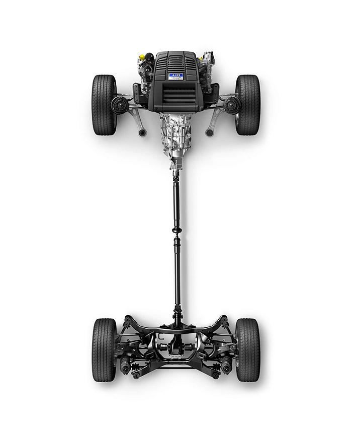La estructura típica de Subaru es ideal para la tracción integral: motor delantero boxer (corto y con centro de gravedad muy bajo) en posición longitudinal, para enviar directamente la impulsión hacia el tren posterior.