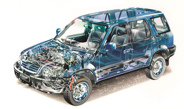 Por su parte, el CR-V aparecido en 1995 (aquí en versión de sólo tracción delantera) llevaba una carrocería de diseño pesado y muy voluminoso, con una amplia capacidad interior.