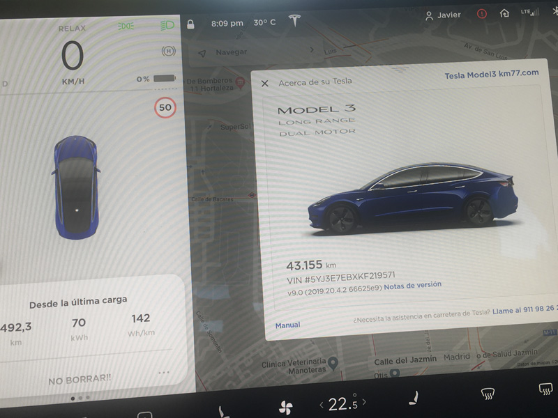 Batería del Tesla Model 3 completamente vacía entes de iniciar la carga.