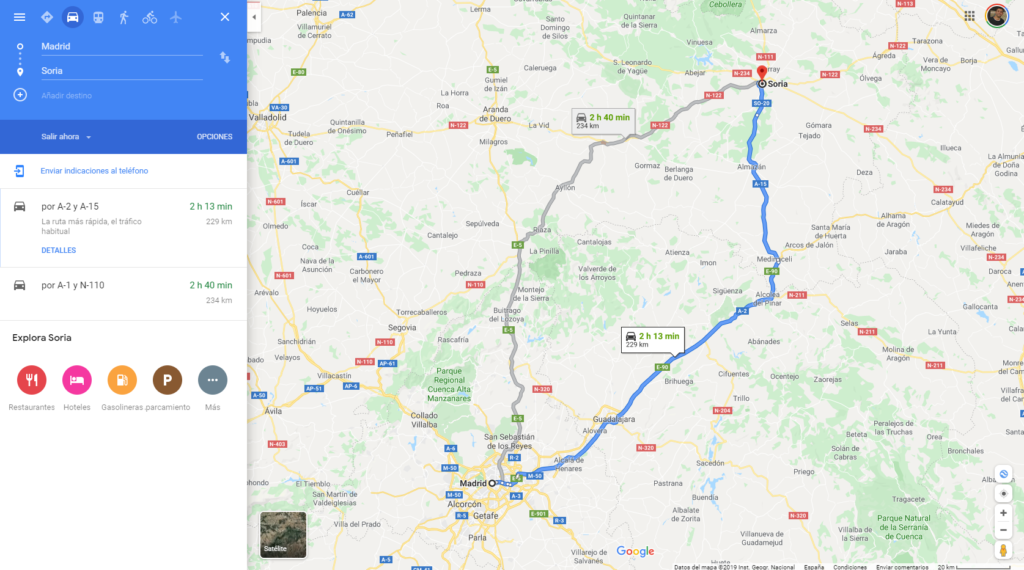 Camino más rápido para ir de Madrid a Soria