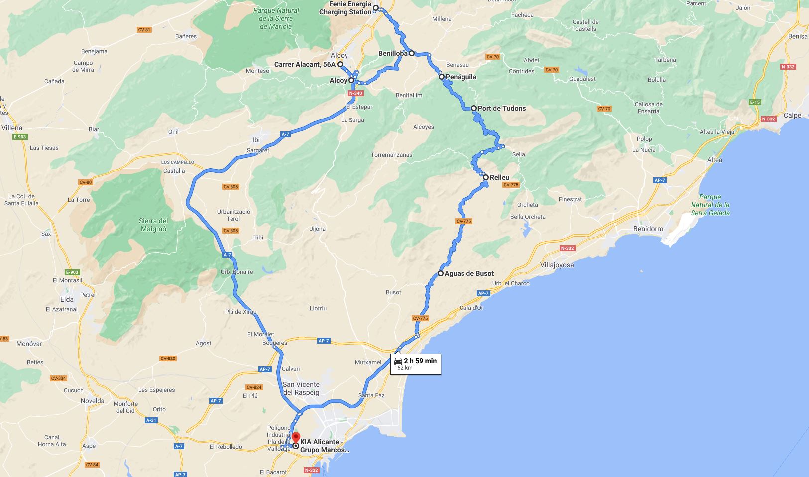 Ruta por la provincia de Alicante. Hacer clic para ver en google Maps.