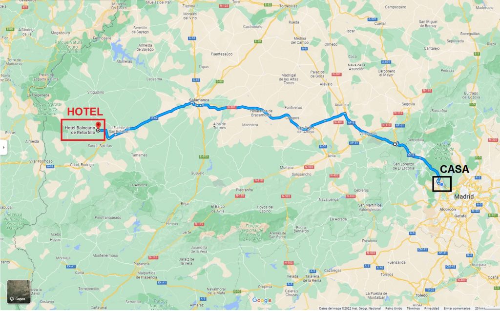 De Las Rozas al hotel Balneario de Retortillo: 264 km y 2 h 41 min según Google Maps.