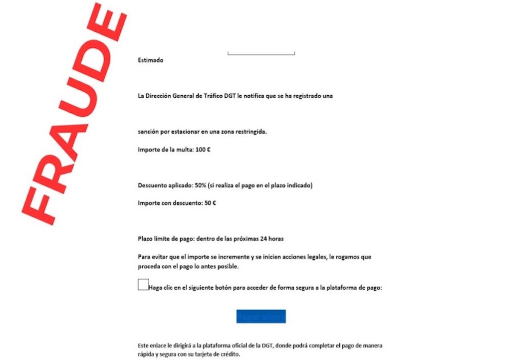 Captura del mensaje que suplanta la identidad de la DGT