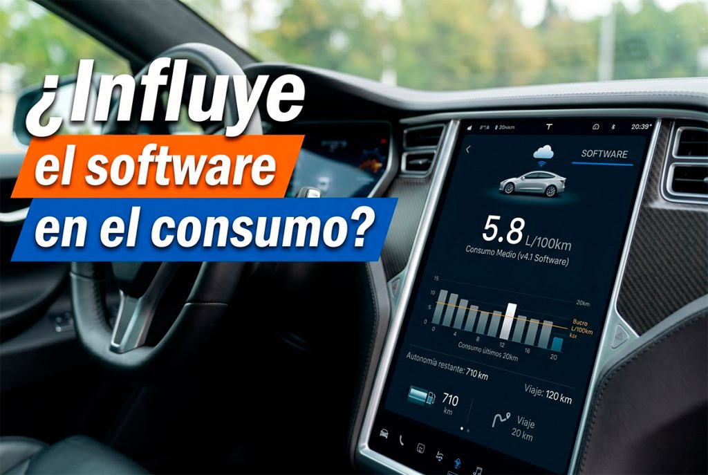 Pantalla de un coche mostrando el consumo